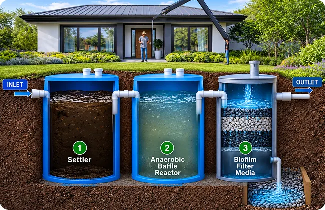 Cutaway of a Nexsa Bio septic tank: settler, anaerobic baffle reactor and biofilm filter media